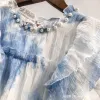 Blue and white tie-dyed ruffled edge cool silk-stored linen dress for women's wear, floral style Application Scenario